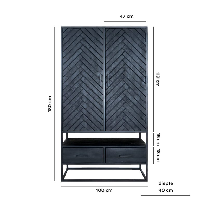 Kast Radu Visgraat - Zwart Mangohout - 180 x 100 cm